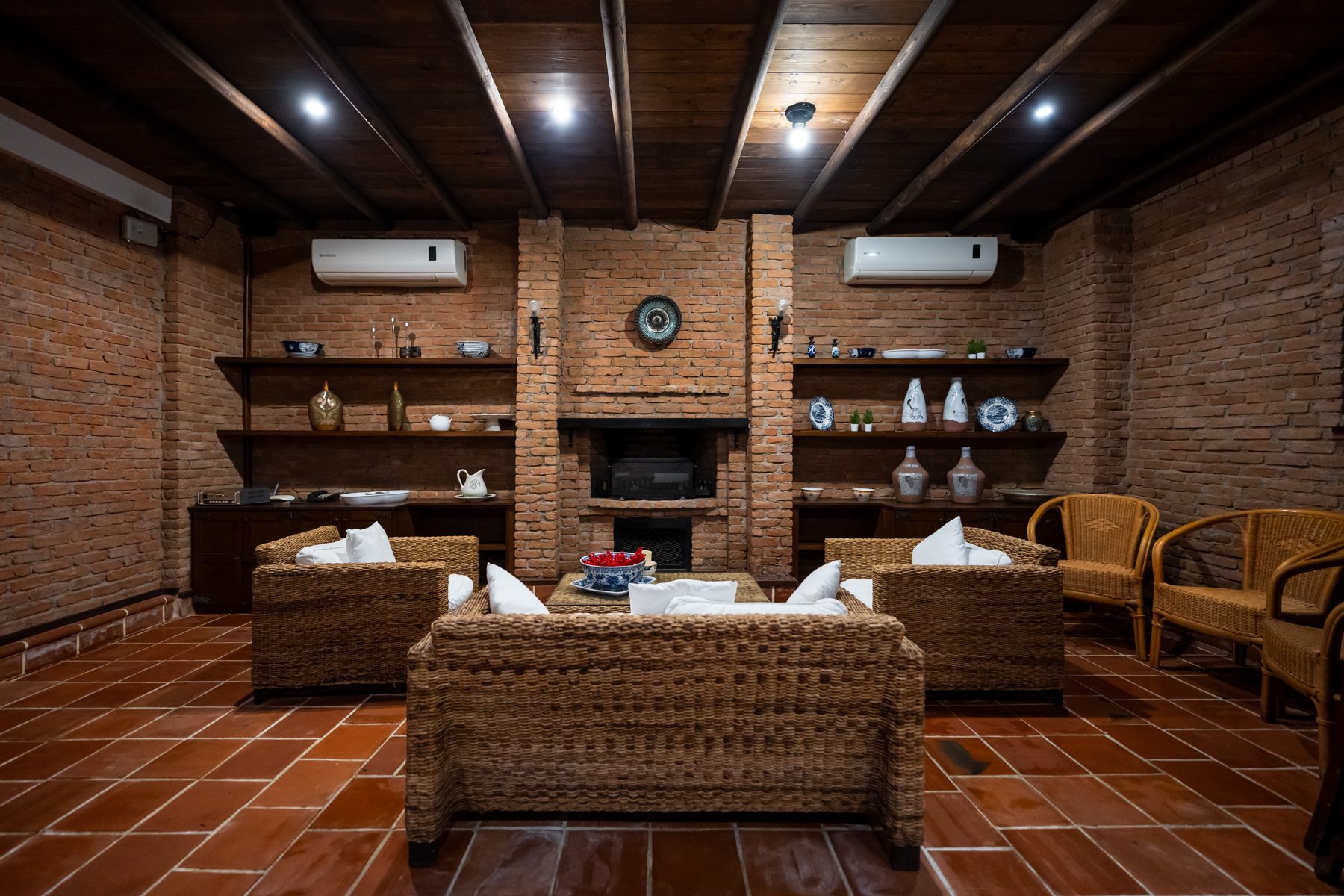 Lobby lounge with brick fireplace