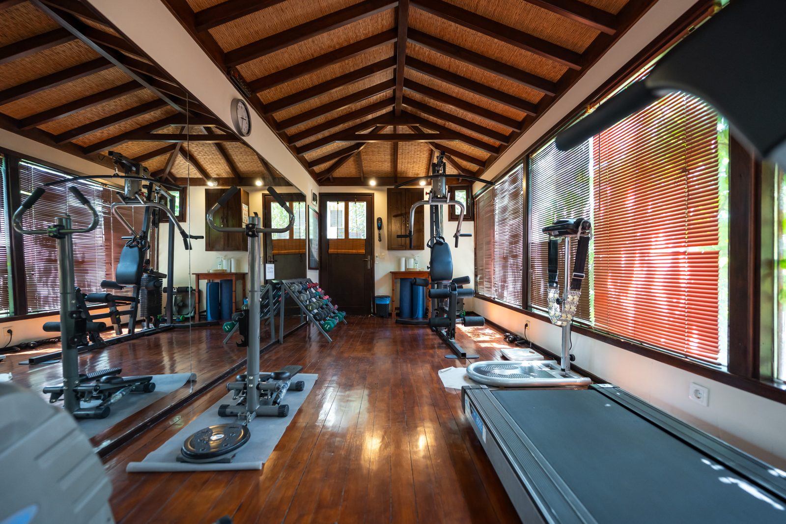 Fitness equipment along the windows